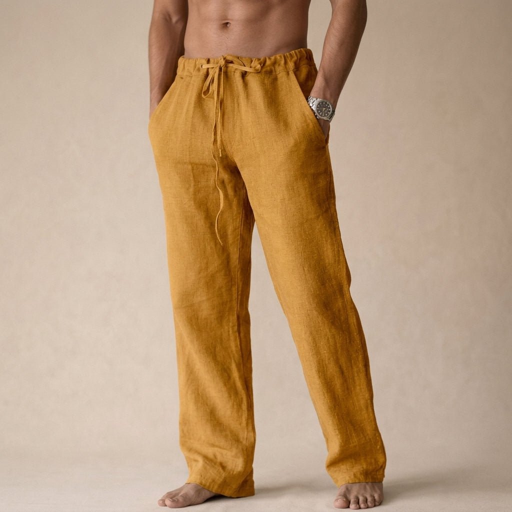 Men's Linen Drawstring Trousers - Gold