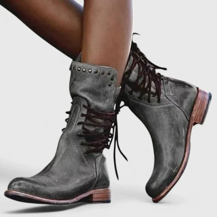Women's Leather Combat Ankle Boots - Grey