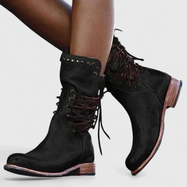 Women's Leather Combat Ankle Boots - Black
