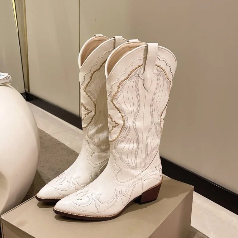 Women's Western Cowboy Ankle Boots - Beige