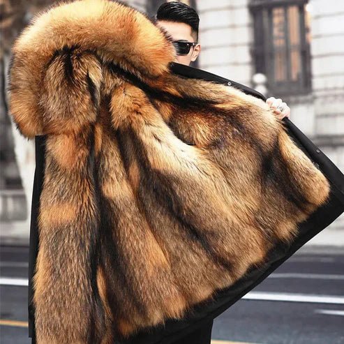 Men's Fur-Lined Hooded Parka - Black Brown