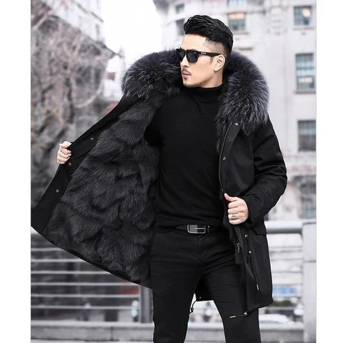 Men's Fur-Lined Hooded Parka - Black