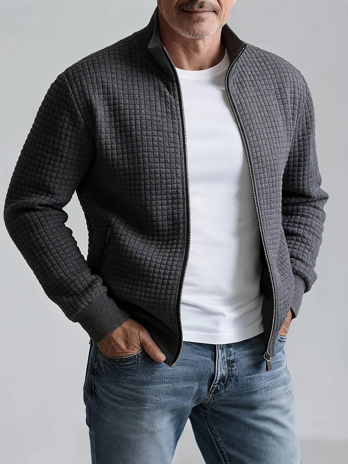 Men's Quilted Zip-Up Bomber Jacket - Dark Grey