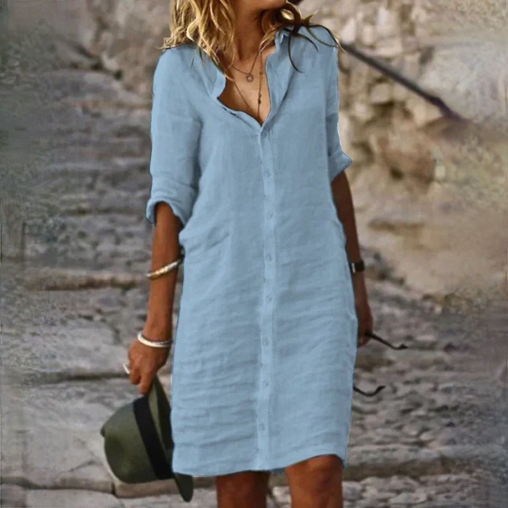 Women's Long Sleeve Linen Button-Down Shirt Dress - Sky blue
