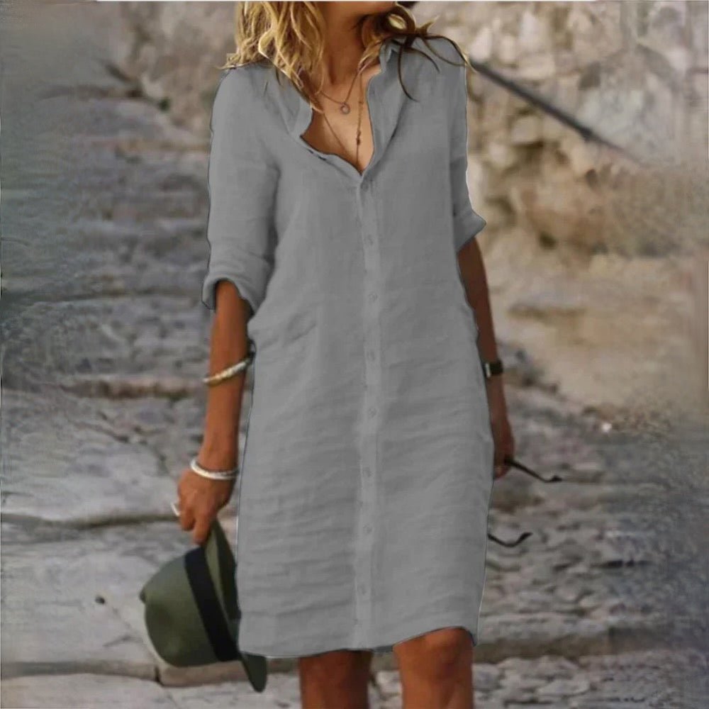 Women's Long Sleeve Linen Button-Down Shirt Dress - Gray