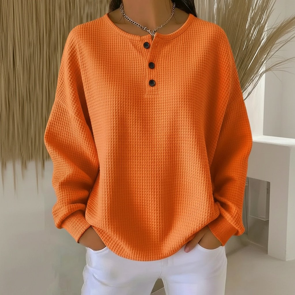 Women's Long Sleeve Oversized Waffle Knit Henley - Orange