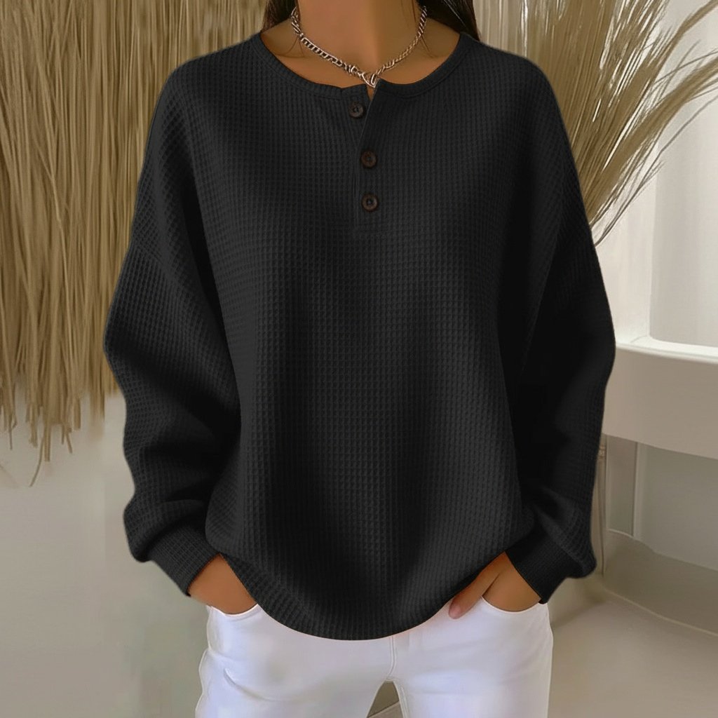 Women's Long Sleeve Oversized Waffle Knit Henley - Black