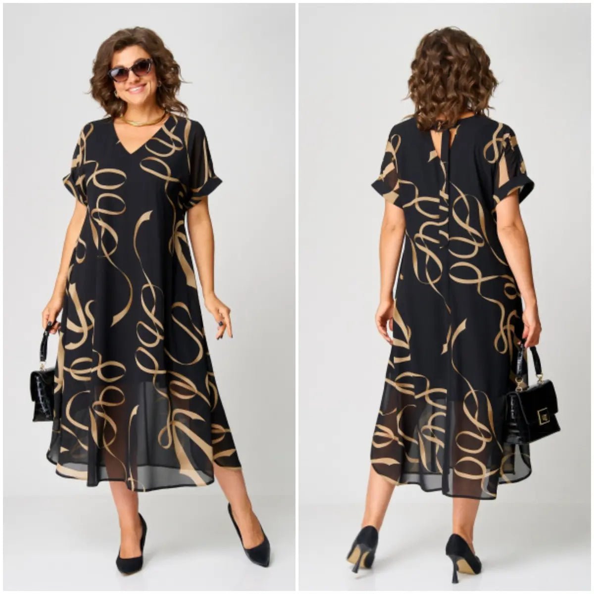 Women's Black V-Neck Chiffon Midi Dress