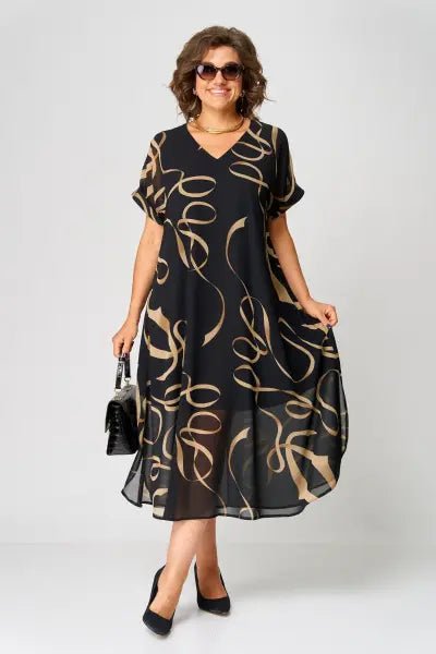 Women's Black V-Neck Chiffon Midi Dress - Black