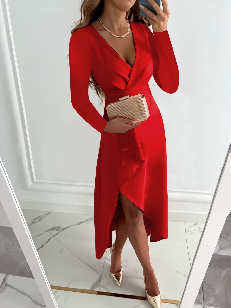 Women's Satin Wrap Midi Dress - Red
