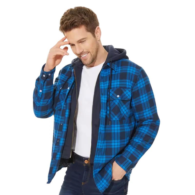 Men's Plaid Flannel Hooded Jacket - Blue