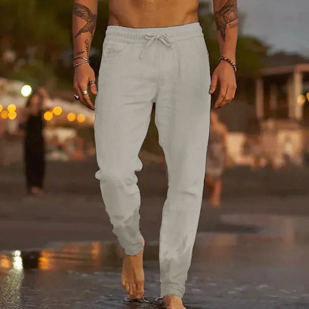 Men's Beach Drawstring Trousers - Light Grey