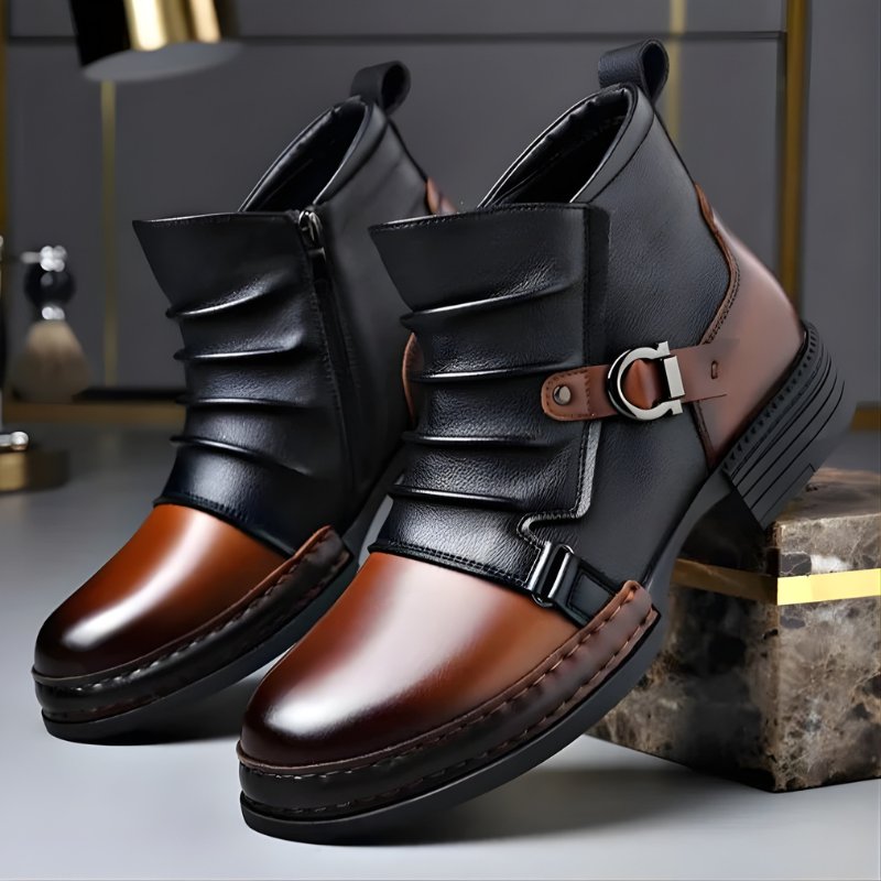 Men's Two-Tone Leather Ankle Boots - Black