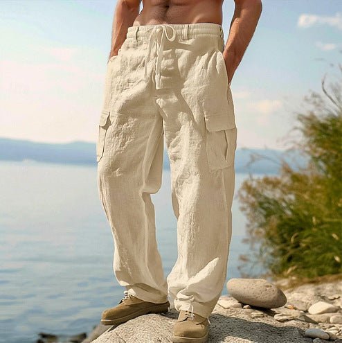 Men's Drawstring Linen Cargo Trousers - Khaki