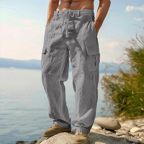 Men's Drawstring Linen Cargo Trousers - Dark gray