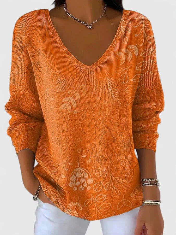Women's Floral Oversized V-Neck Jumper - Orange