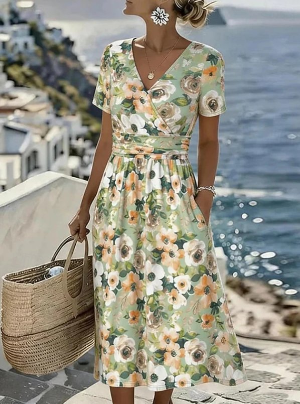 Women's Satin V-Neck Midi Dress - Beige