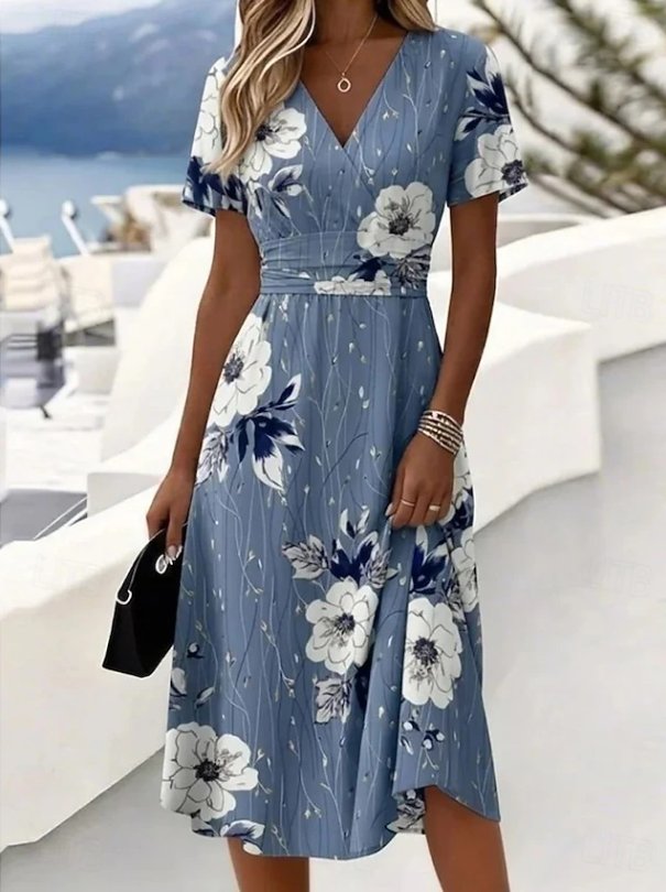 Women's Satin V-Neck Midi Dress - Blue