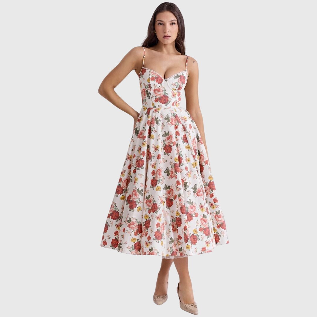 Women's Party Corset Midi Dress - Floral