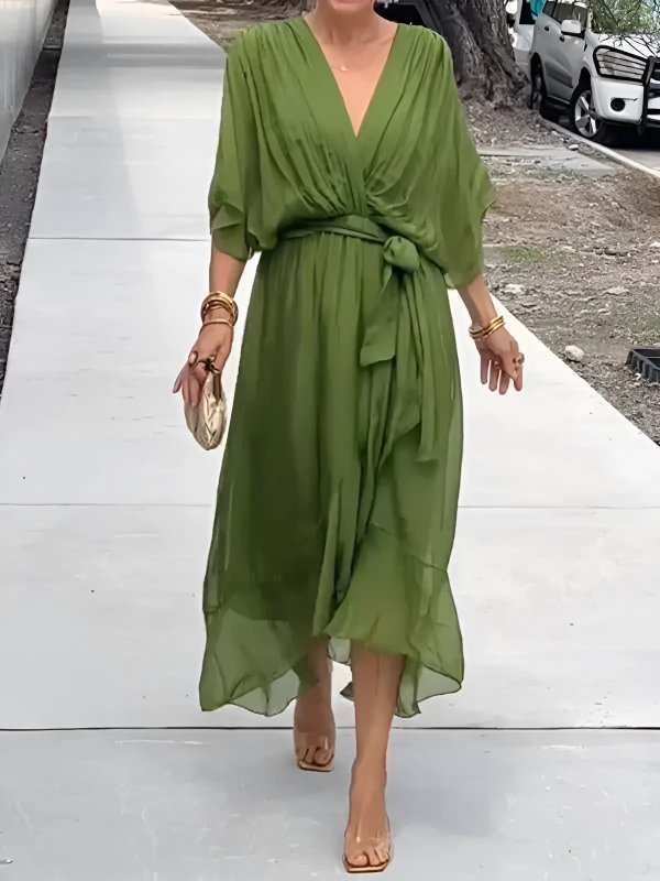 Women's Black V-Neck Chiffon Midi Dress - Green