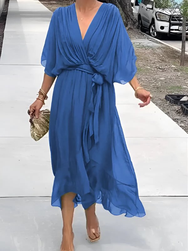 Women's Black V-Neck Chiffon Midi Dress - Blue