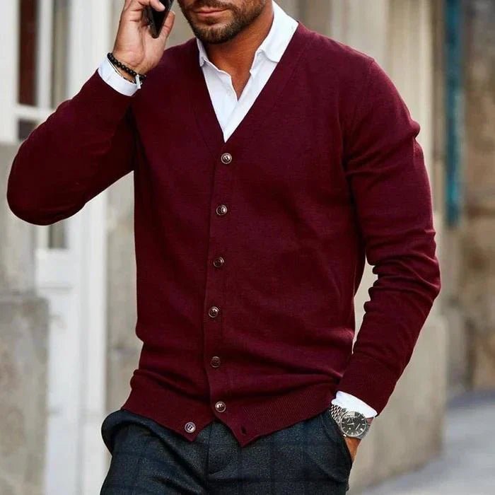 Men's Slim Knit V-Neck Cardigan - Red
