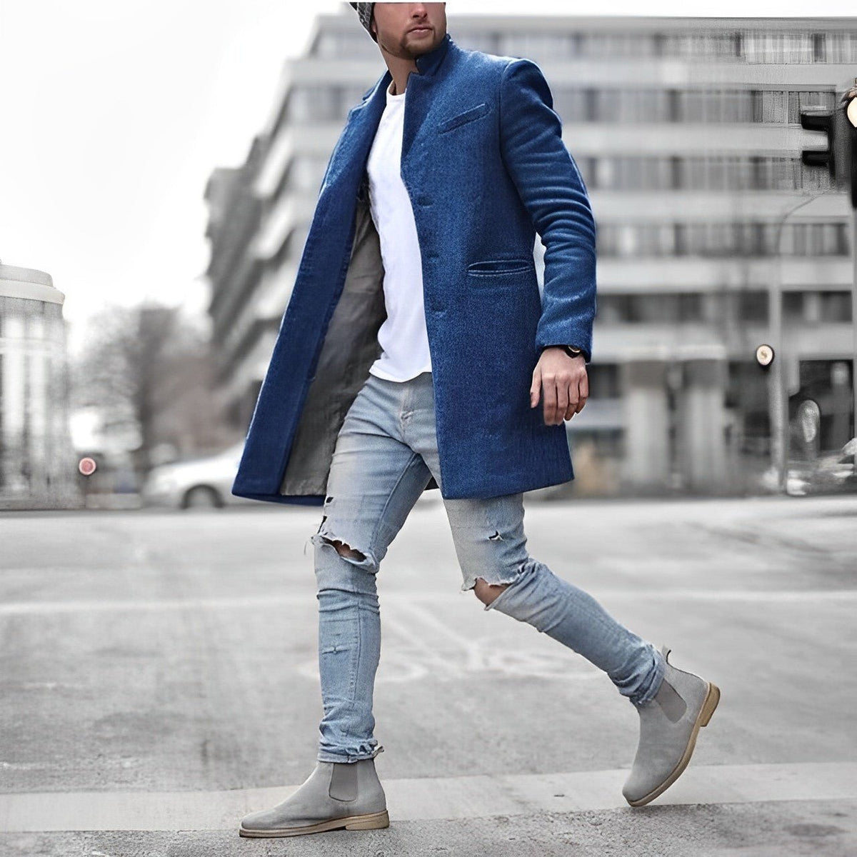 Men's Slim Wool Overcoat - Blue