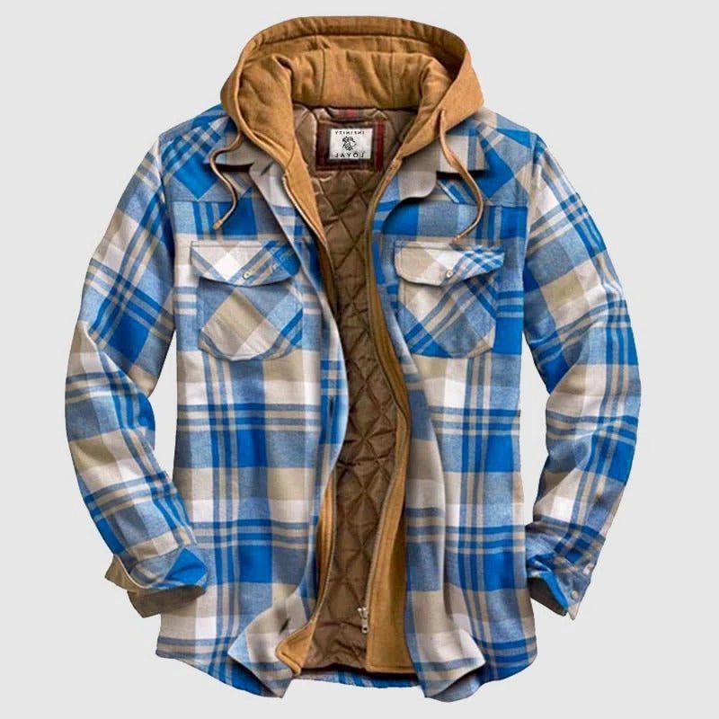 Men's Plaid Hooded Shacket - Blue
