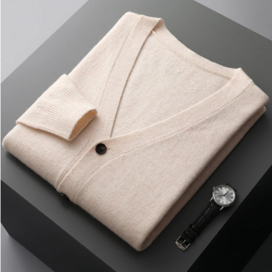 Men's V-Neck Wool Cardigan - Beige