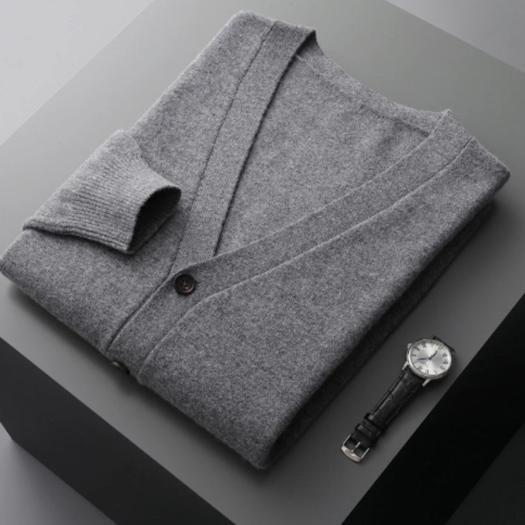 Men's V-Neck Wool Cardigan - Dark Grey