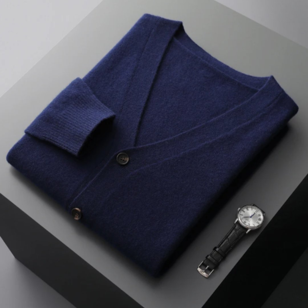 Men's V-Neck Wool Cardigan - Navy Blue