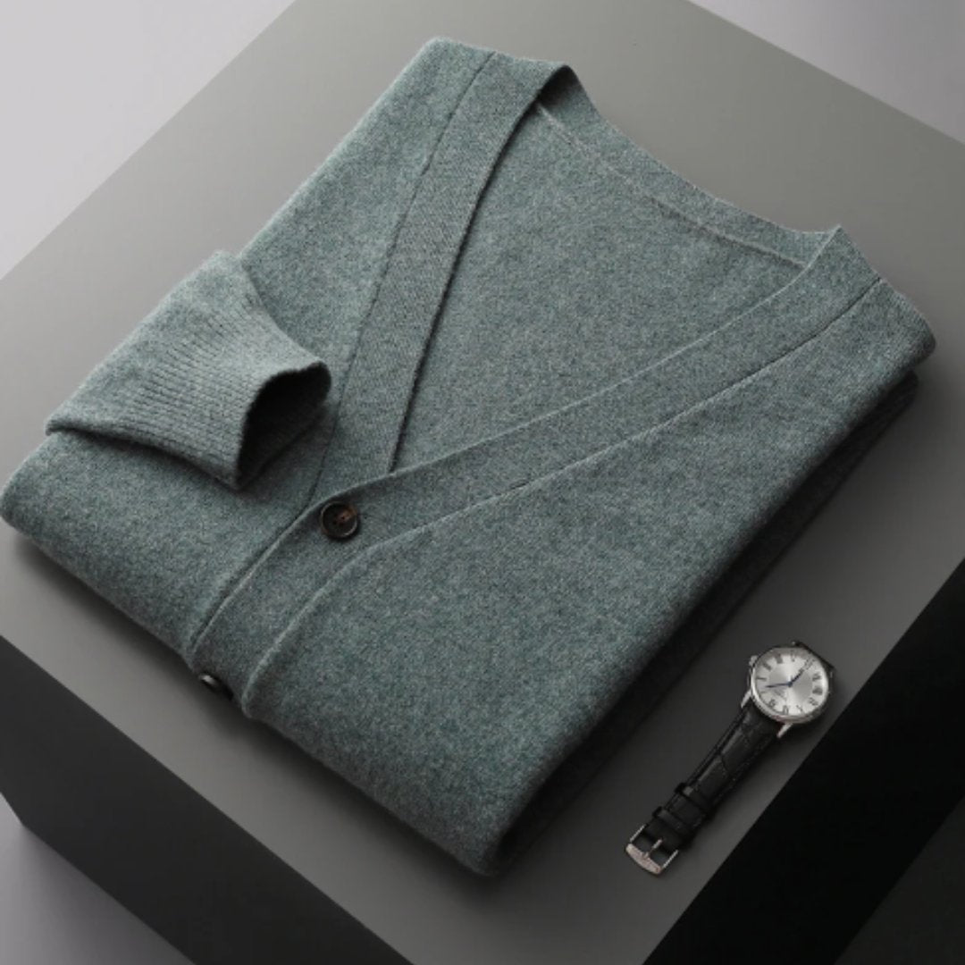 Men's V-Neck Wool Cardigan - Green