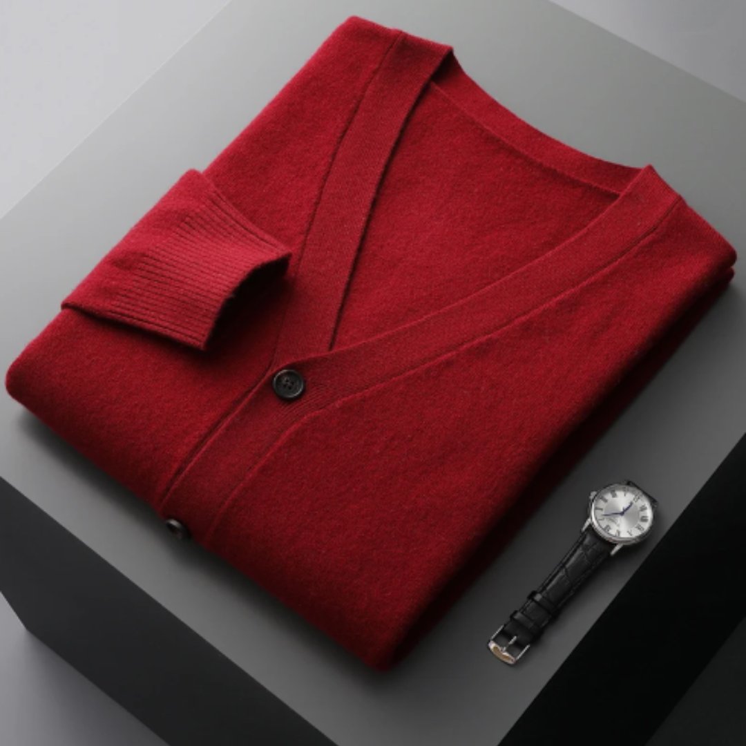 Men's V-Neck Wool Cardigan - Red