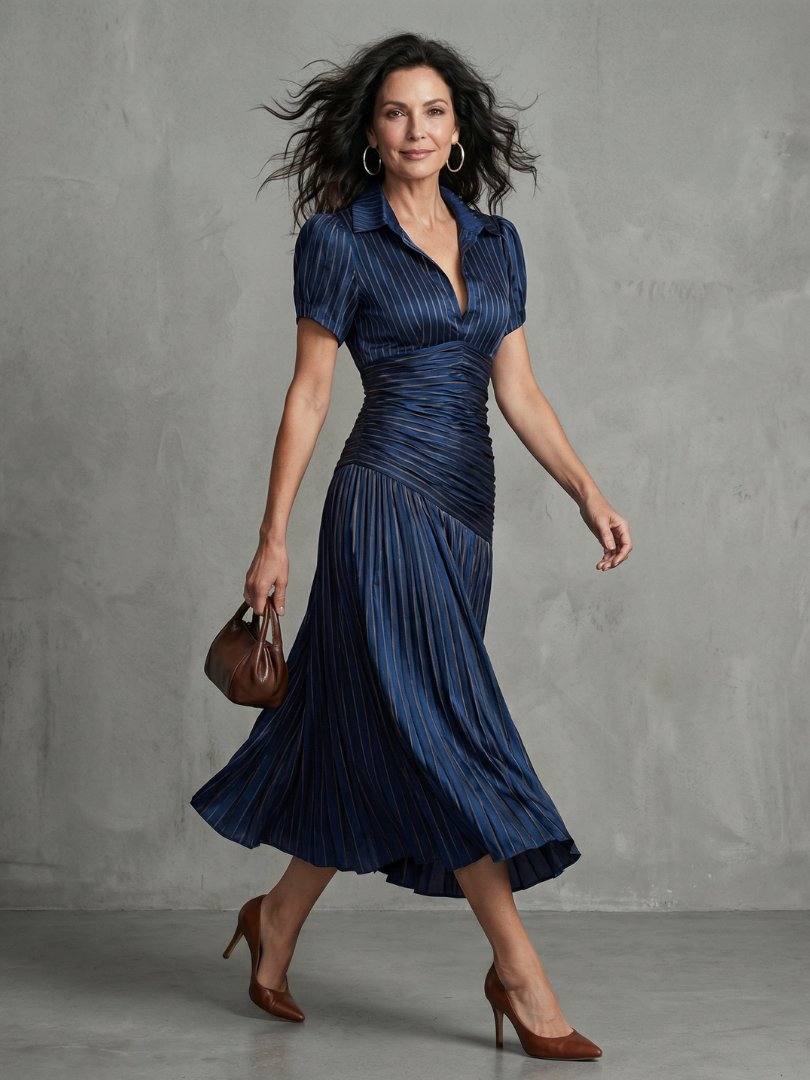 Women's Striped Satin Midi Dress - Blue