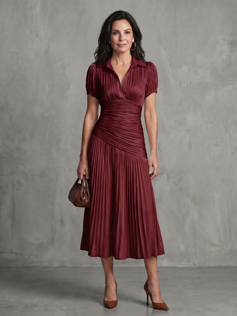 Women's Striped Satin Midi Dress - Red