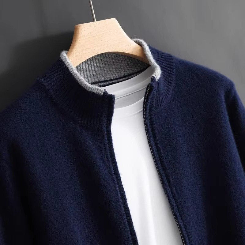 Men's Zip-Up Wool Cardigan - Navy Blue