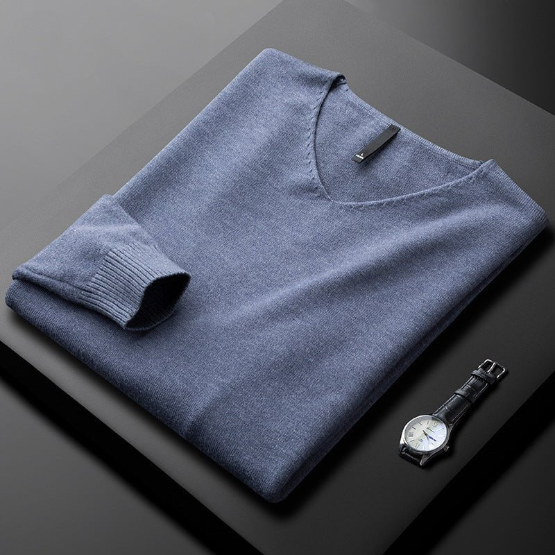 Men's V-Neck Wool Jumper - Blue