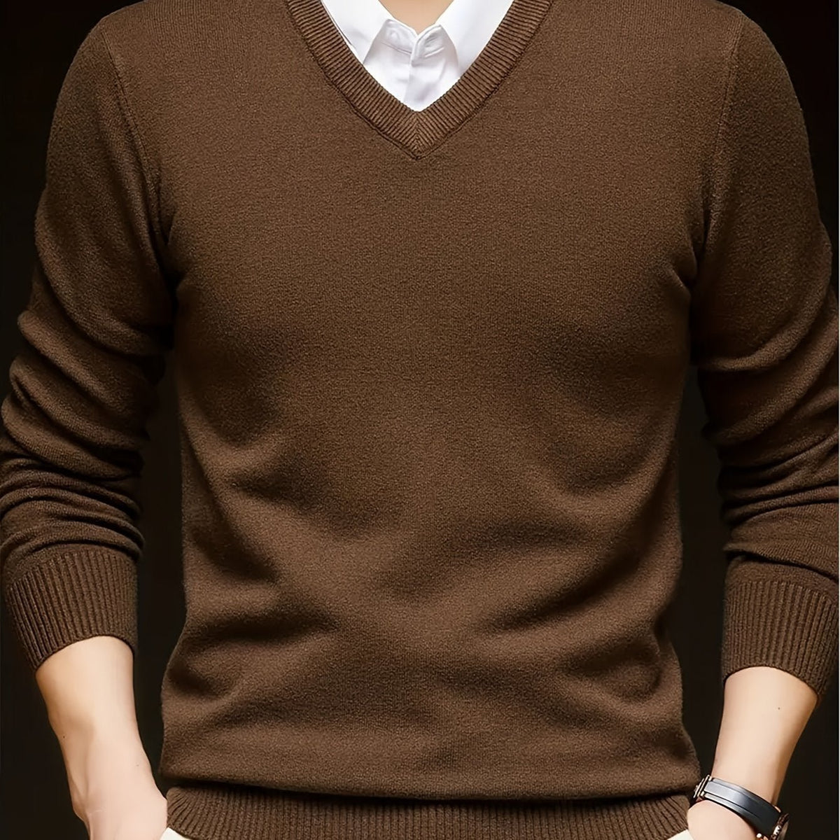 Men's Wool-Blend V-Neck Jumper - Coffee Brown