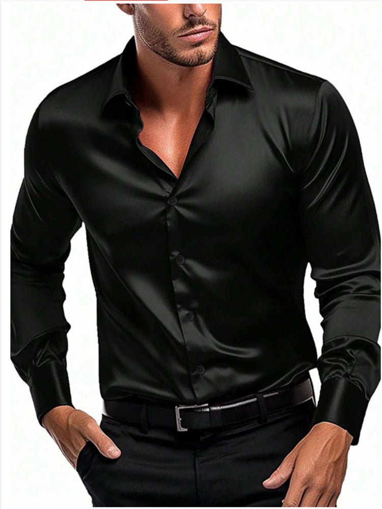 Men's Long Sleeve Slim Satin Dress Shirt - Black