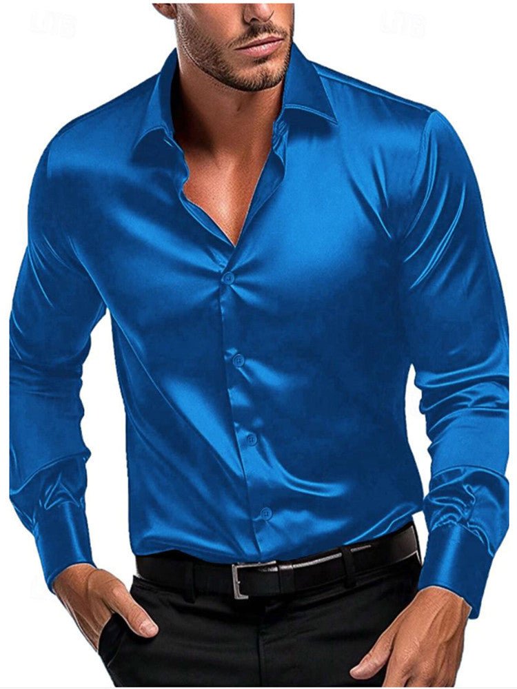 Men's Long Sleeve Slim Satin Dress Shirt - Blue