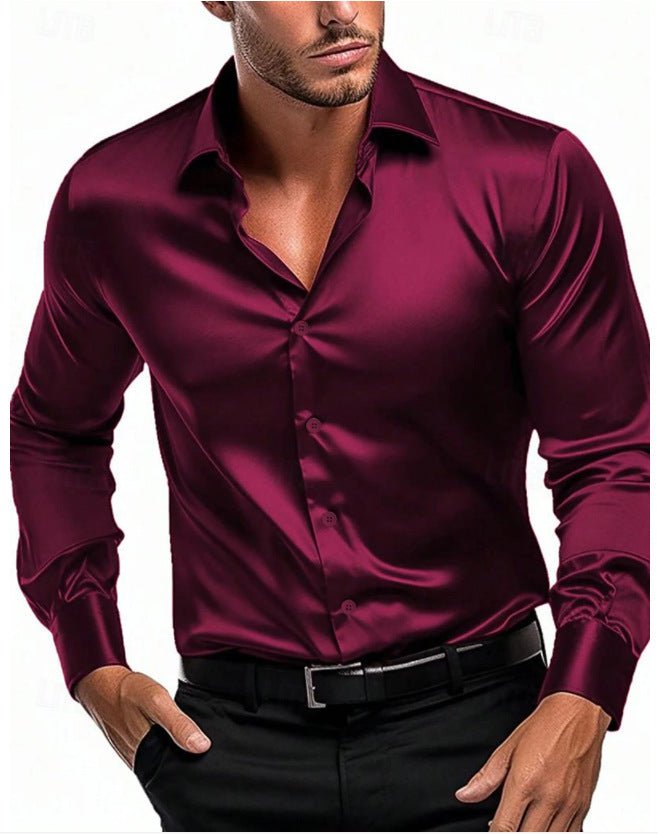 Men's Long Sleeve Slim Satin Dress Shirt - Burgundy