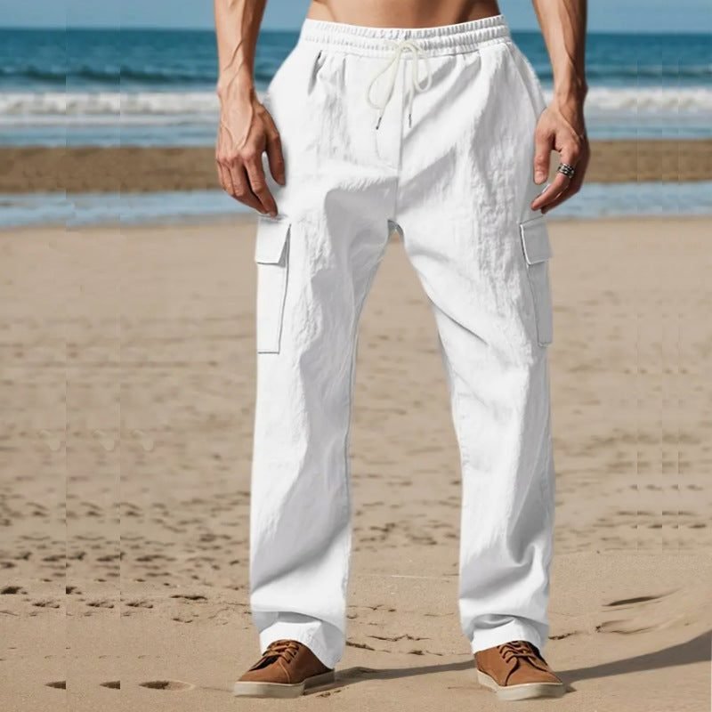 Men's Linen Blend Cargo Trousers - White