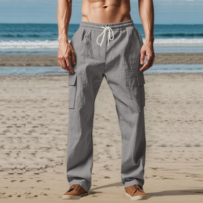 Men's Linen Blend Cargo Trousers - Grey