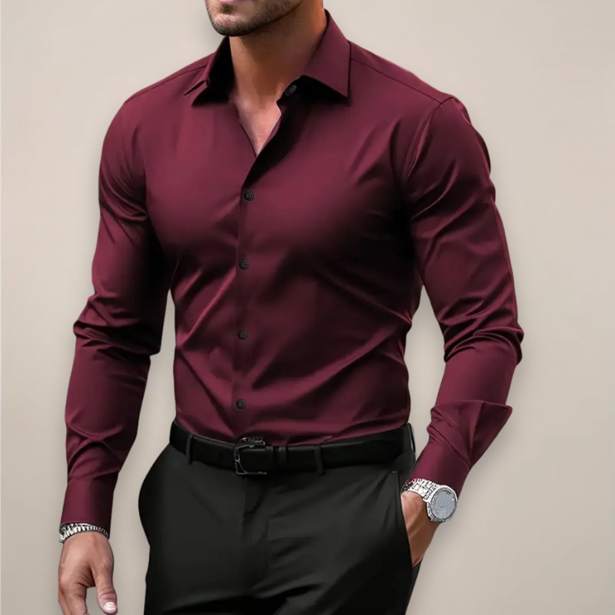 Men's Long Sleeve Slim Fit Dress Shirt - Red Wine