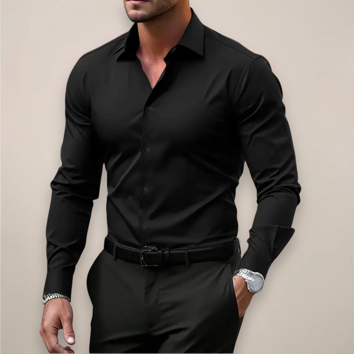 Men's Long Sleeve Slim Fit Dress Shirt - Black