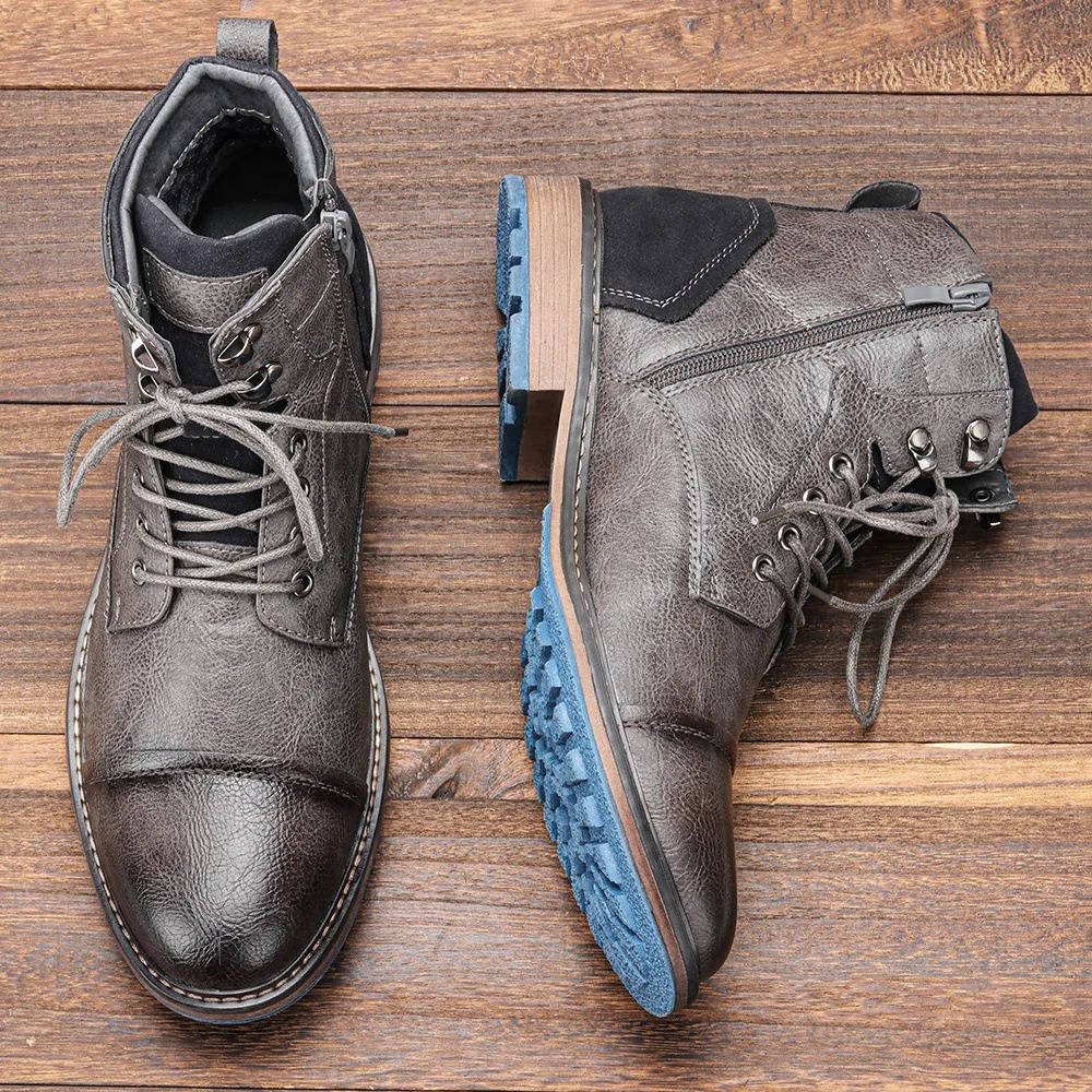 Men's Leather Lace-Up Ankle Boots - Dark Gray