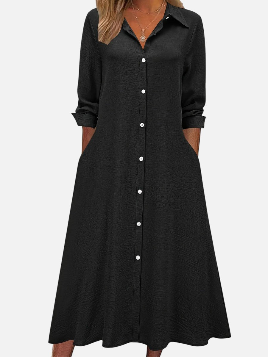 Women's Long Sleeve Midi Shirt Dress - Black