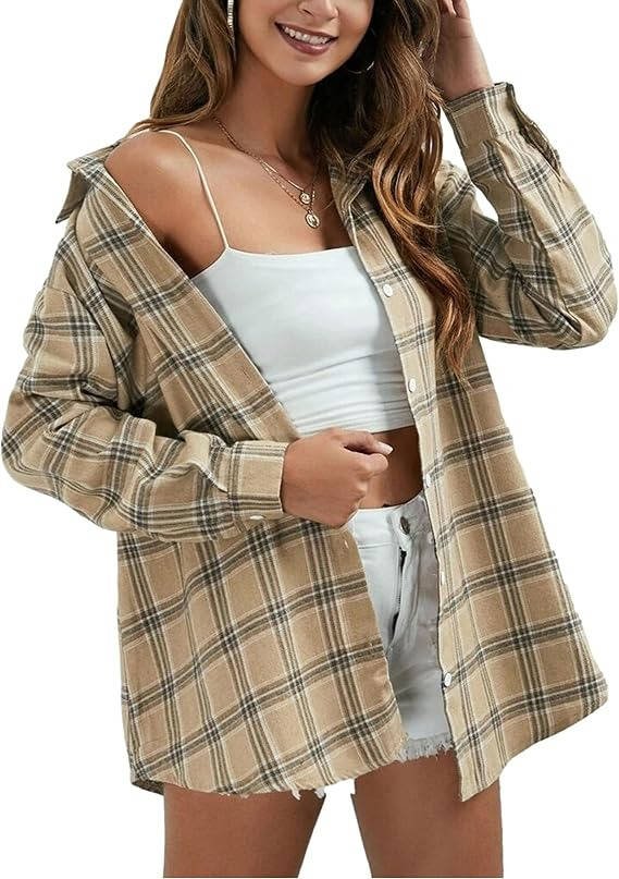 Women's Plaid Flannel Shacket - Champagne