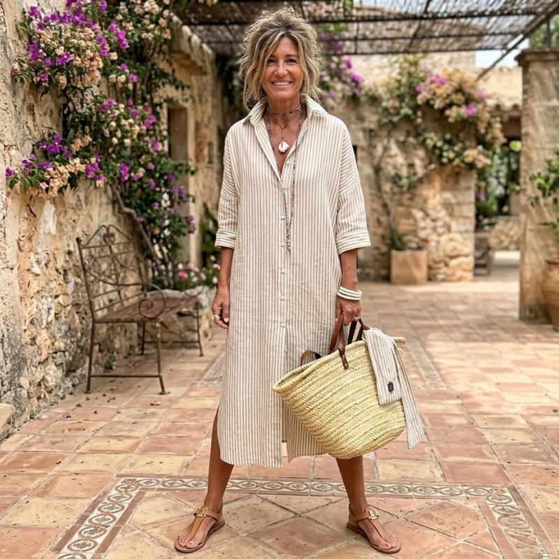 Women's Long Sleeve Striped Midi Shirt Dress - Sand
