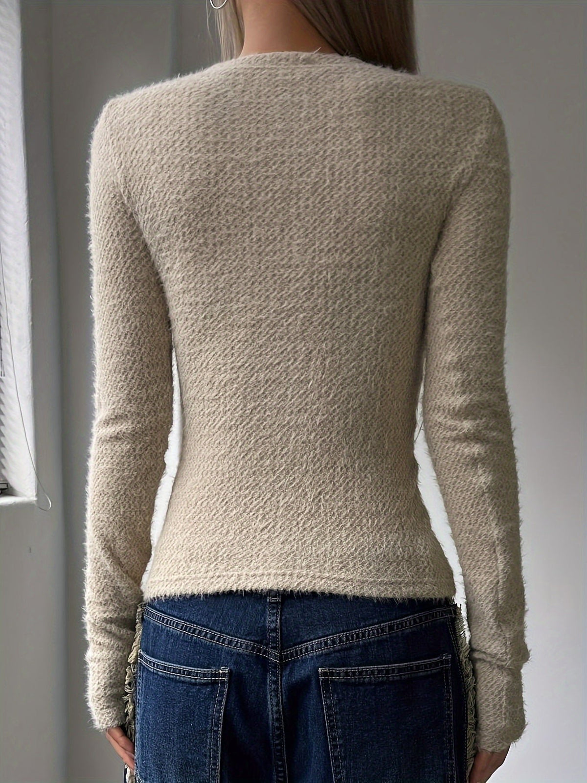 Women's Long Sleeve Slim Cropped Knit Top - Khaki